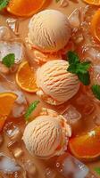Fruit background with tangerine slices in juice, with ice cream balls, ice cubes and mint leaves. photo