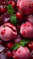 Fruit background with cherry berries in juice, with ice cream balls, ice cubes and mint leaves. photo