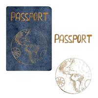 Multinational world passport id official document with gold letters and globe. Watercolor hand drawn illustration of isolated object. Design for tourism, travel, brochure, guide, print, card, tattoo vector