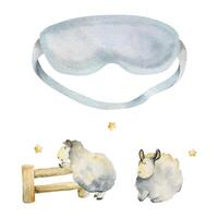 Travel accessory for tourist, sleeping mask with jumping sheep. Watercolor hand drawn illustration of isolated object. Design for tourism, travel, brochure, booklet, guide, print, card, tattoo. vector