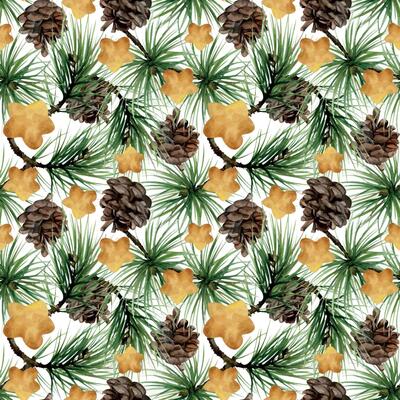 Pine, fir tree, spruce branches cones, gold star baubles. Watercolor hand drawn illustration, seamless pattern isolated on white. Xmas, happy new year festive, noel navidad holiday. Paper, textile