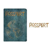Multinational world passport id official document with gold letters and globe. Watercolor hand drawn illustration of isolated object. Design for tourism, travel, brochure, guide, print, card, tattoo vector