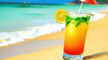 Cocktail with small umbrella With sunny beach scenes, gentle waves, swaying palm trees, video
