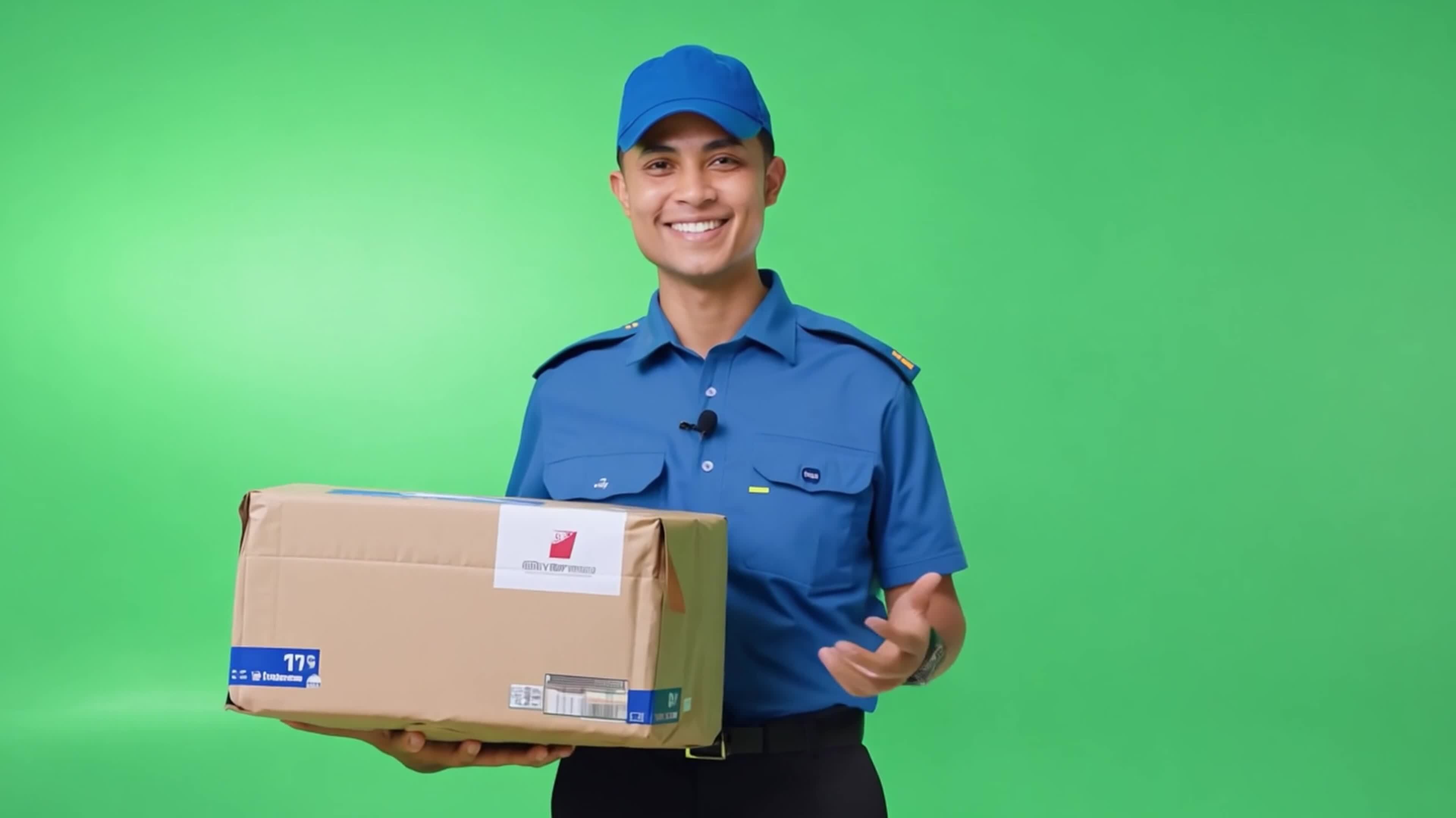 A delivery driver in a uniform, carrying a package and smiling. Green  screen backdrop. Bright, even lighting to reflect daytime conditions.