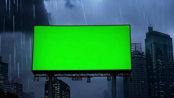 Green screen billboard at night, building background with weather, rain and thunder. video