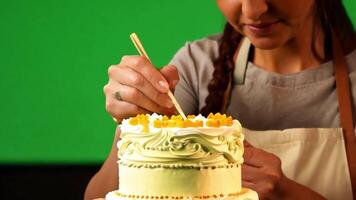 A baker in an apron, decorating a cake. Green screen backdrop. Warm, soft lighting to evoke a bakery atmosphere. video