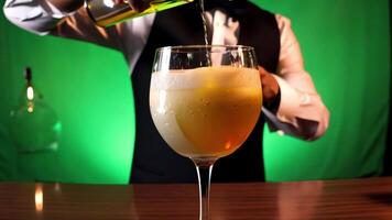 A bartender in a stylish uniform, pouring a cocktail into a glass. Green screen backdrop. Warm, ambient lighting to reflect a bar atmosphere. video