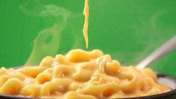 A bowl of creamy mac and cheese with a spoon scooping out a portion. Green screen backdrop. Warm, soft lighting to evoke comfort food vibes. video