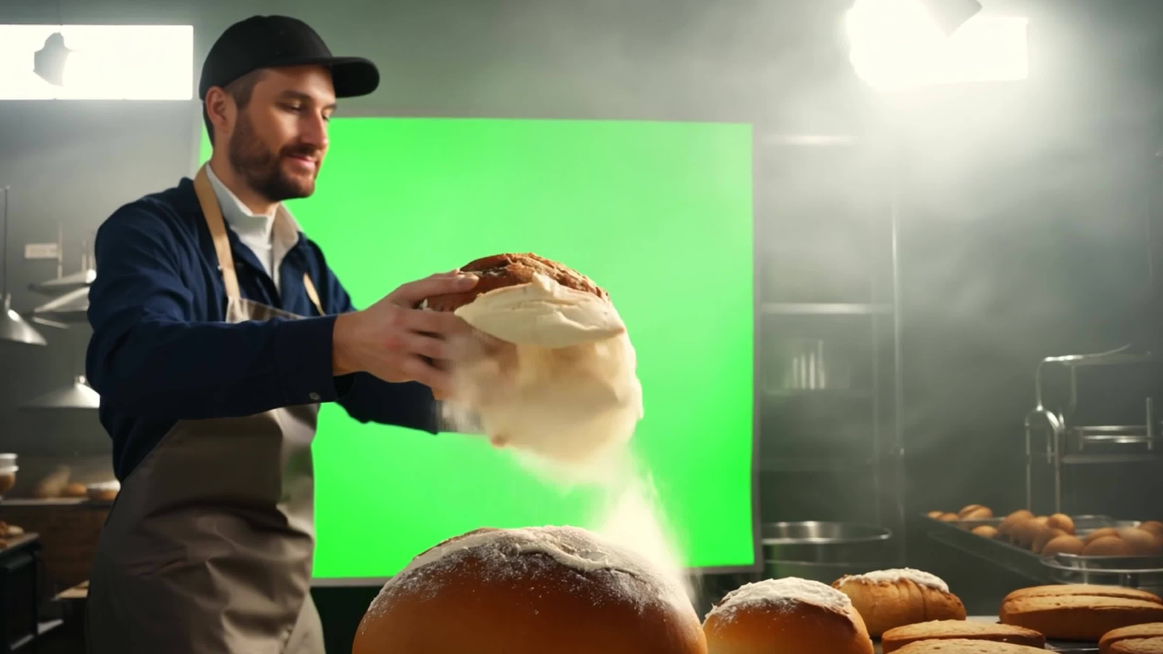 A baker dusting a freshly baked loaf of bread with flour. Green screen