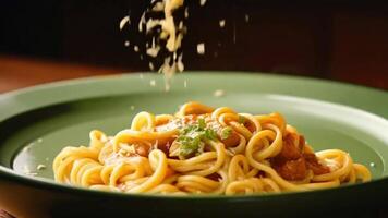 A pasta dish being garnished with parmesan cheese and basil. Green screen backdrop. Warm, ambient lighting to reflect a cozy dining setting. video