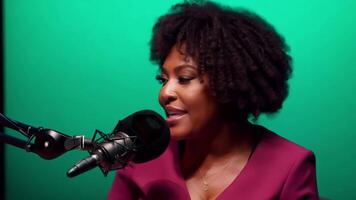 african woman radio host in casual attire, speaking into a microphone. Green screen backdrop. Soft, ambient lighting to reflect a studio environment video