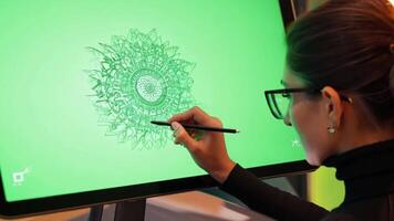 un gráfico artista en elegante atuendo, dibujo en un tableta. verde pantalla fondo. suave, ambiente Encendiendo a reflejar un creativo oficina. video