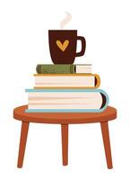 A stack of books on a coffee table with a cup of hot drink. vector