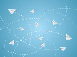 White color flight routes of paper plane or aircraft with crossing lines on blue background illustration vector
