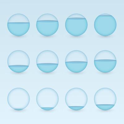 A set of blue circular aquariums with different levels of water to show percentage value for info graphic presentation