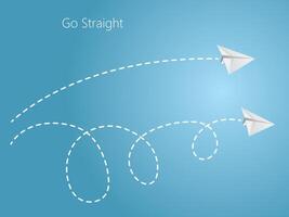 Straight and curvy flight of blue paper plane on blue background to compare simple and complex route in the sky to mean go straight path vector