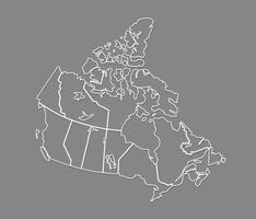 Black and white Canada map with outlines showing different states and regions illustration vector
