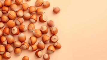 Hazelnuts with Shells, Top-Down View with Generous Copy Space photo
