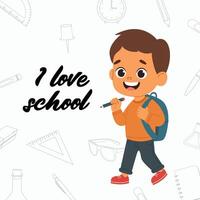 Smiling school kid. Boy with pencil going to school first time vector