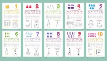 Activity worksheets for kids with many exercises. Learning numbers from 1 to 10. Trace, color, dot to dot on one page vector