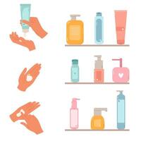 Hand cream bottles set. Woman hand apply cream from cosmetics bottle and squeezing it vector