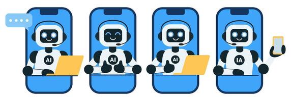 Set of cute chat bot robot with yellow laptop illustrations vector