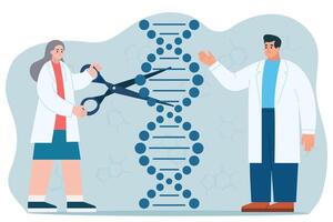 Scientists engaged in DNA helix sequencing vector
