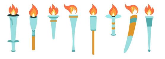 Set of torches with flaming fire vector