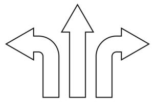 arrow shape symbol set - arrow pointing to the left, right and straight forward, black and white silhouette illustration, isolated on white background vector