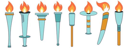 Set of torches with flaming fire vector