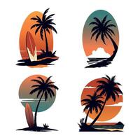 Palms trees and surfboard on the beach. Summer sunset. Gradient. Retro style set illustration isolated on white. vector