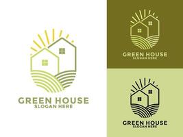Green House Line Style Logo Design , Tree House business logo template vector