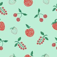 Seamless pattern with hand drawn cherry, apple, strawberry, on green background in childrens naive style. vector