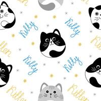 Seamless pattern with many different grey, black and white cats on white background. Illustration for children. vector