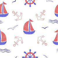 Seamless pattern with hand drawn anchor, ship, wave, sailboat, hand wheel, helm on white background in childrens naive style. vector