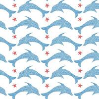 Seamless pattern with dolphins and sea stars, design in children's drawn style. vector