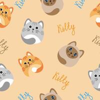 Seamless pattern with many different red, grey, siamese cats on orange background. illustration for children. vector