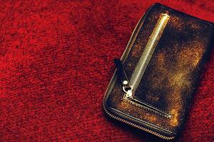 Purse, wallet, clutch with gold zipper clasp on a red background photo