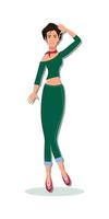 a drawing of a woman in a green outfit with a red flower on the bottom vector