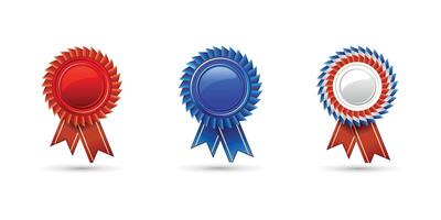 three blue and red medals set of award ribbons on a colorful design isolated white background vector