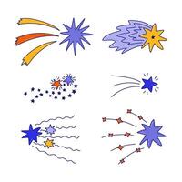 Colorful cute set of star dust, spiral twinkle cloud, falling star with hand drawn doodle outline. Sparkling magical stardust, comet shower. Astrology, astronomy, universe, Christmas element. vector