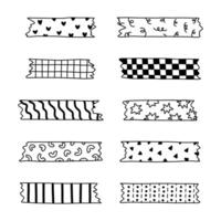 Doodle set of washi tape stripes with squiggle, geometry and cute pattern. Adhesive tape with black and white ornament. Trendy decorative scotch tape with ragged edges for scrapbook, planner, design. vector