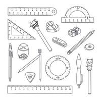 Cute doodle set of back to school stationery. Collection of rulers, protractor, compass, erasers, sharpeners, different pen. School supply for studying, drawing and working with hand drawn outline vector