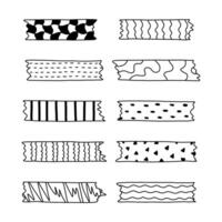 Doodle set of washi tape stripes with squiggle, geometry and cute pattern. Adhesive tape with black and white ornament. Trendy decorative scotch tape with ragged edges for scrapbook, planner, design. vector