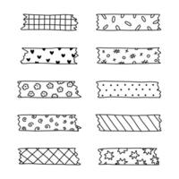 Doodle set of washi tape stripes with squiggle, geometry and cute pattern. Adhesive tape with black and white ornament. Trendy decorative scotch tape with ragged edges for scrapbook, planner, design. vector