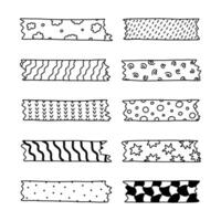 Doodle set of washi tape stripes with squiggle, geometry and cute pattern. Adhesive tape with black and white ornament. Trendy decorative scotch tape with ragged edges for scrapbook, planner, design. vector