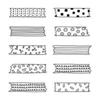 Doodle set of washi tape stripes with squiggle, geometry and cute pattern. Adhesive tape with black and white ornament. Trendy decorative scotch tape with ragged edges for scrapbook, planner, design. vector