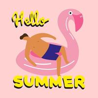 Hello summer illustration. Pool party. Flat character in swimming trunks in an inflatable circle as a flamingo in the pool. Yellow hand drawn inscription vector