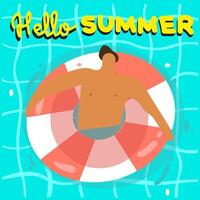 Hello summer illustration. Pool party. Flat character in swimming trunks in an inflatable circle as a flamingo in the pool. Yellow hand drawn inscription vector
