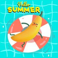 Hello summer illustration. 3D cartoon banana on an inflatable circle in the pool. Summer vibe with yellow inscription vector